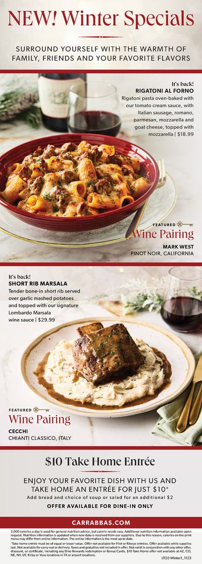 Restaurants offers in Atlanta GA | NEW Winter Specials in Carrabba's Italian Grill | 11/21/2023 - 11/30/2023