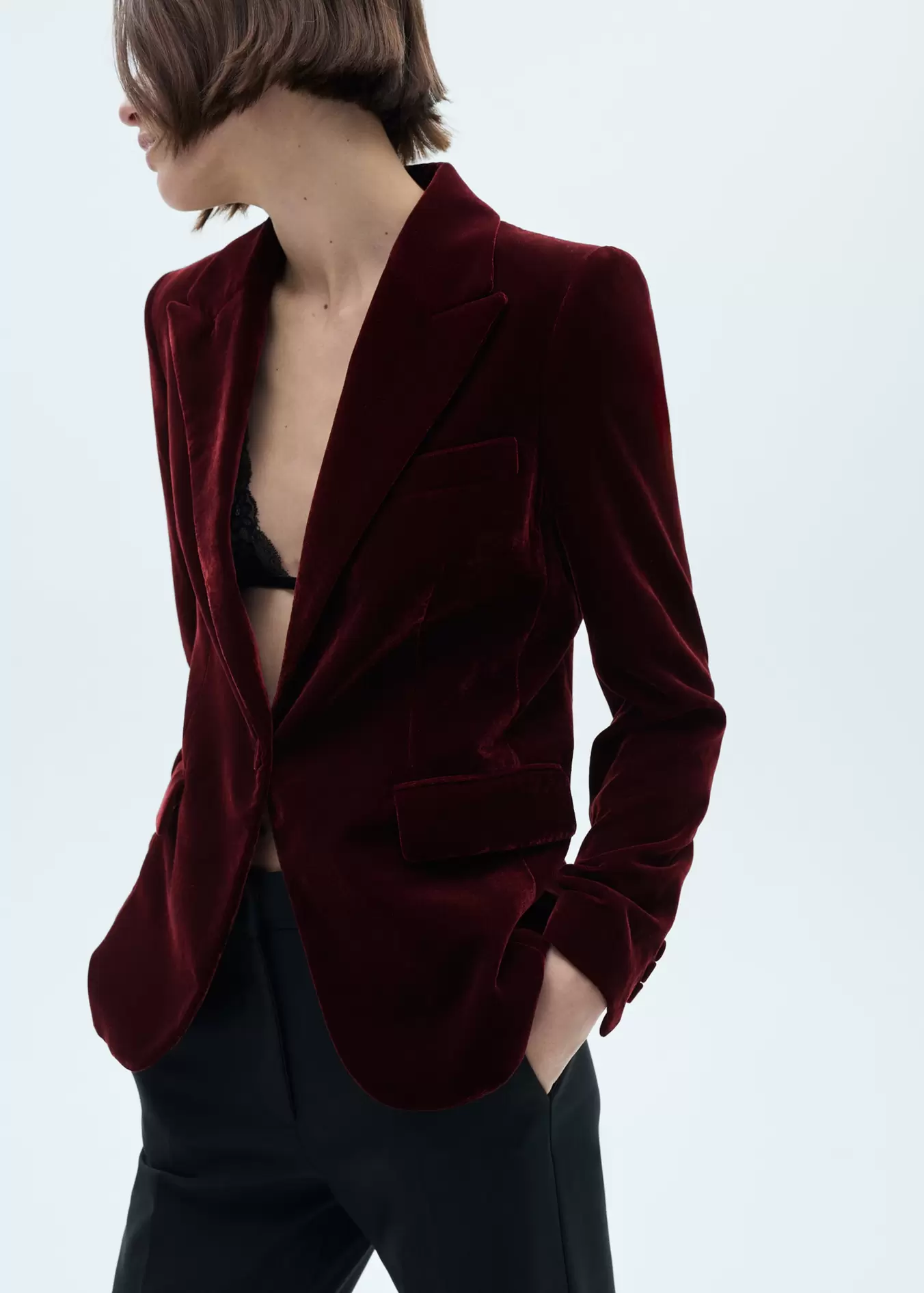 Structured velvet jacket offers at $59.99 in Mango